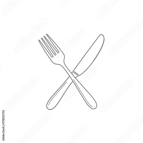 Simple line drawing of a crossed fork and knife utensil set