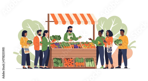 Vibrant Vegetable Stall Scene: People Purchasing Fresh Produce, Engaging with The Vendor