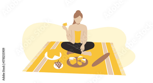 Woman Enjoying Cheese And Grapes On A Sunny Picnic, Perfect Day For Relaxing And Eating