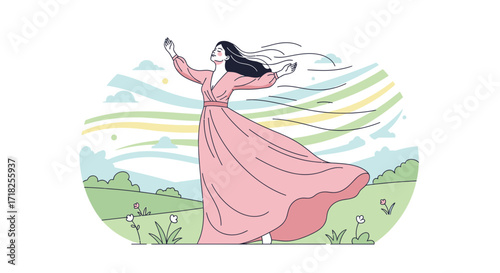 Woman Enjoying Freedom In The Nature While Wearing A Flowing Dress In The Field