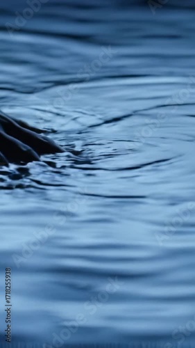 Extreme close-up macro video of an elegant human hand gently skimming pristine dark indigo water, creating luminous ripples in ultra slow-motion with soft diffused light. Profound inner peace