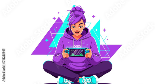 Video Game Enthusiast Joyfully Holding A Gaming Device With Violet-Hued Illustration
