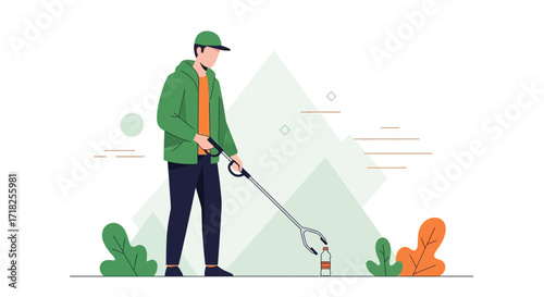 Voluntary Effort Of A Man Taking Up Waste In The Natural Environment For A Cleaner Planet