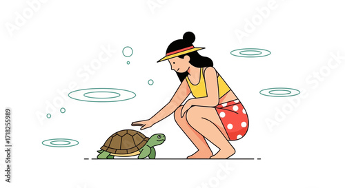 Woman Enjoying Leisure Time Interacting With Turtle Enjoying Summertime Outdoors