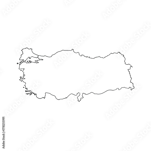 A simple black and white outline depicting the geographical form of turkey
