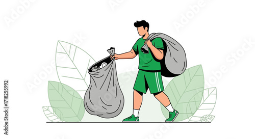 Volunteer Carrying Litter Bags Illustrating Environment Protection And Community Service