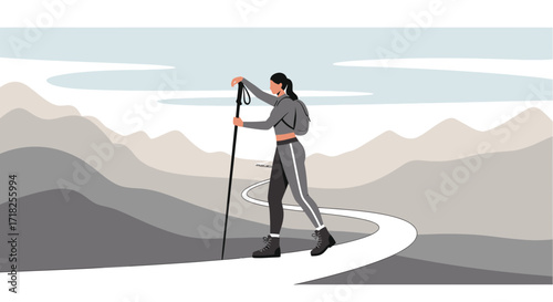 Woman Enjoying Hiking On Winding Path Through Mountainous Landscape With Hiking Poles