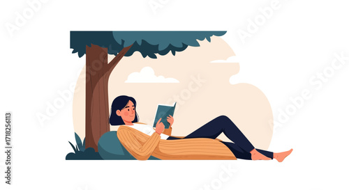 Woman Enjoys Reading Under A Tree, Relaxing With A Book On A Peaceful Day