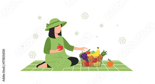 Woman Enjoys Picnic with Basket of Fruits and Smiling with Happiness in Garden