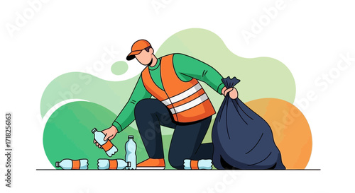 Volunteer Cleans Up Litter Holding Trash Bag and Picking Up Empty Bottles for Recycling