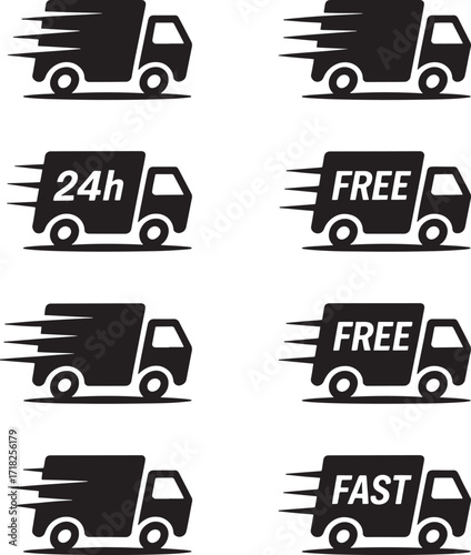 Delivery Truck Icons with Speed Lines and Text 24h Free Fast lorry transport