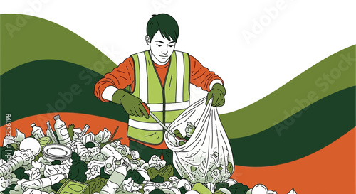 Volunteer Cleans Up A Pile Of Trash While Wearing Safety Gear And A Bright Vest
