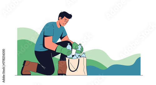 Volunteer Collects Plastic Bottles For Recycling In Environmentally Conscious Initiative
