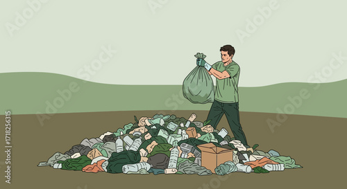 Volunteer Dedicated To Environmental Cleanup Gathering Plastic Trash into a Bag for Disposal