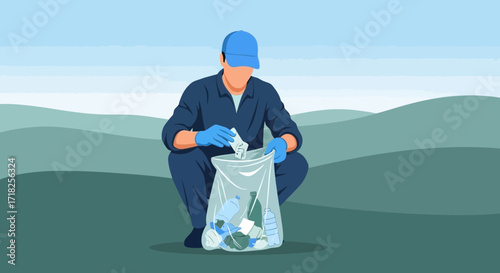 Volunteer Gathering Garbage in the Environment Illustrating Environmental Preservation