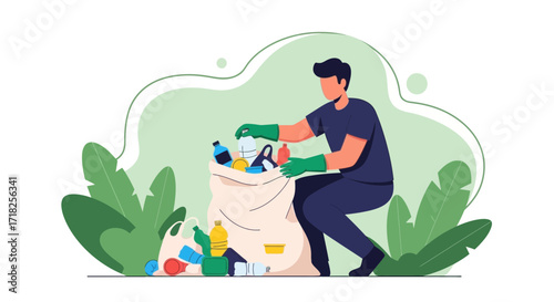 Volunteer Enthusiastically Collecting Plastic Waste for Environmental Preservation and Cleanliness