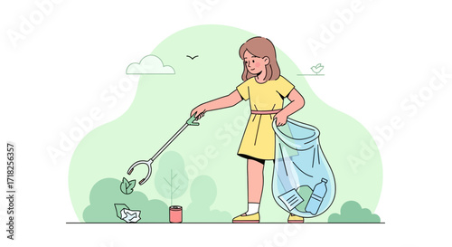 Volunteer Girl Cleaning Up Litter in a Park; Environmental Protection and Recycling.