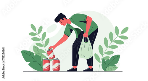 Volunteer Gathering Trash: Man Collecting Cans in Illustrated Environment Setting