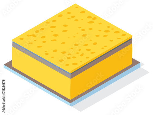 Isometric illustration of a yellow cleaning sponge with textured surface and layers