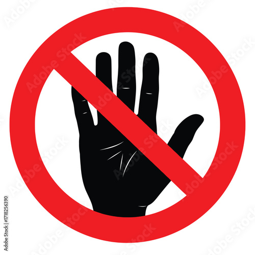 A red prohibition symbol featuring a black hand with a stop gesture
