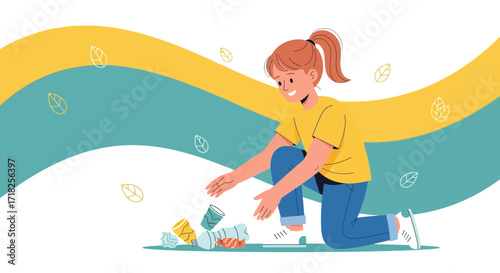 Volunteer Girl Cleans Up Trash; Demonstrating Environmental Stewardship and Community Action