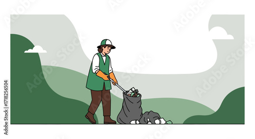 Volunteer Picking Up Trash In A Field: Environmental Preservation And Conservation