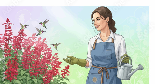 Woman Gardening with Hummingbirds Attractively Interacting in a Harmonious Scene