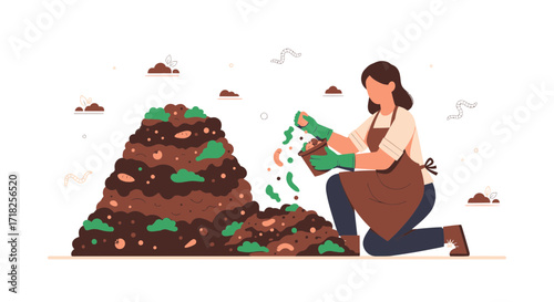 Woman Gardening, Composting, Working With Compost Pile, Gardening Techniques, Eco Friendly Life