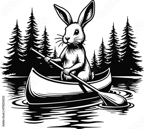 Cute rabbit paddling canoe on river, adventurous animal boating illustration

