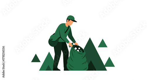 Volunteer Putting Trash Into Sack Concept Illustration For Environmental Protection