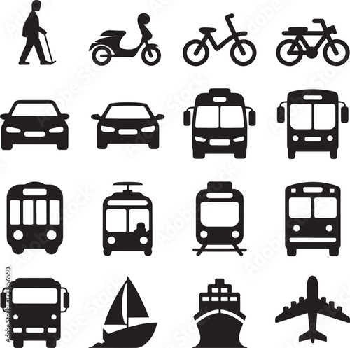 Diverse transportation modes icons silhouette set Keywords: transportation, vehicle, transport