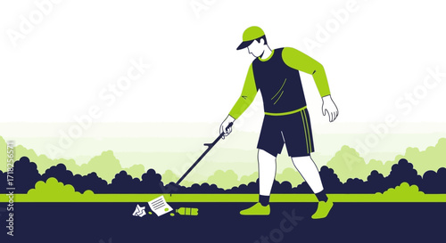 Volunteer Removing Trash, Promoting Environmental Conservation, Modern Illustration Artwork