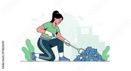 Volunteer Woman Cleaning Up Litter in the Urban Community to Protect Nature