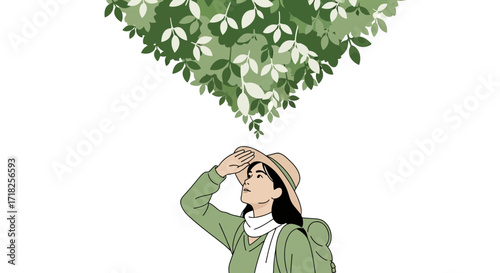 Woman Gazes Upward Under Greenery, Nature Exploration and Adventure Illustration