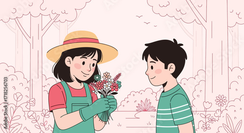 Woman Giving Flowers To A Man In A Garden, Simple And Aesthetic Illustration
