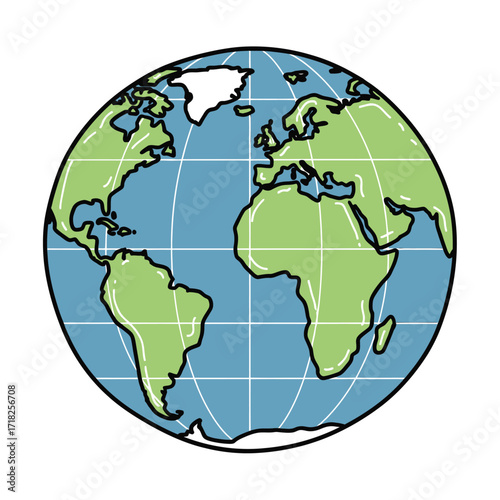 A simple cartoon illustration of a world globe showing land and water