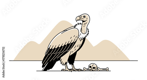 Vulture Perched Beside Skull And Bone, Observing The Barren Landscape In The Desert