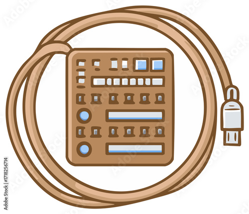 Cartoon electronic music sequencer instrument surrounded by the connecting cable