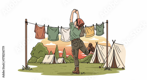 Woman Hanging Clothes While Camping, Colorful Illustration Of Outdoor Adventure