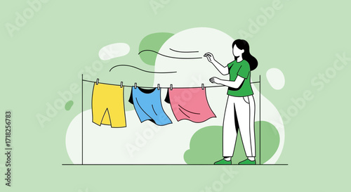 Woman Hangs Laundry On The Clothesline Depicting A Simple Chore And Daily Routine