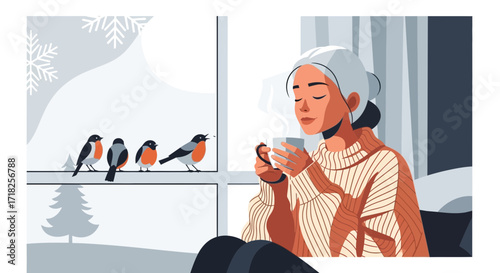 Warm Winter Moments: A Cozy Scene with Birds and a Woman Enjoying a Hot Drink