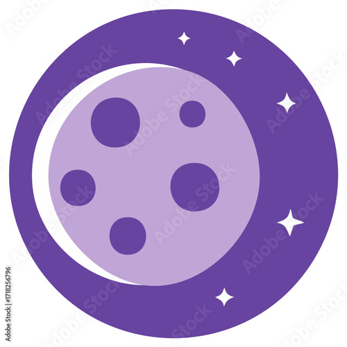 Purple moon with craters and sparkling stars in night sky flat design icon. Celestial space symbol vector illustration