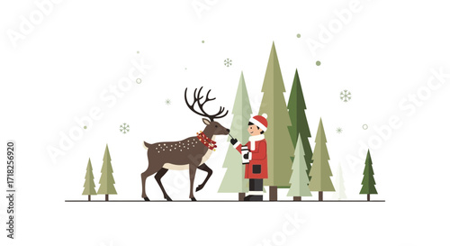 Whimsical Christmas Spirit: A Young Person Shares a Treat With a Reindeer in a Winter Forest