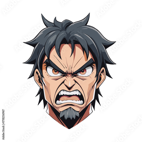 Vector anime warrior with angry expression captured mid yell in full color showcasing intense emotion, dramatic action, and bold graphic illustration style