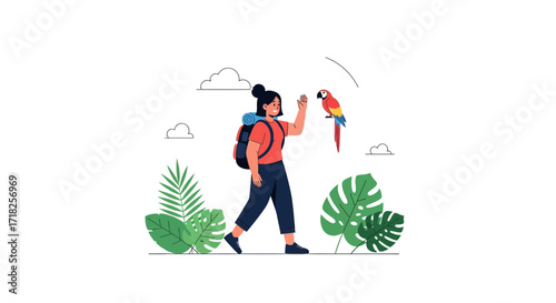 Woman Hiking With A Colorful Parrot, Tropical Adventure Begins, Happy Journey Starts