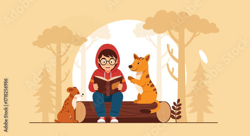 Whimsical Illustrations Of Storytime In Forest With Boy Reading, With Adorable Animals