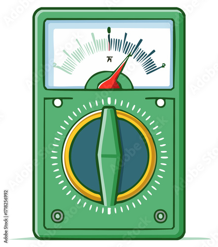Cartoon Style Green Multimeter with Circular Scale and Needle Measurement Instrument