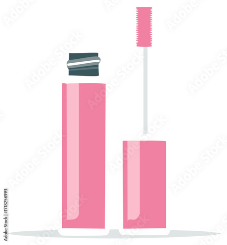 Pink mascara tube with open cap and applicator wand, essential eye makeup beauty product