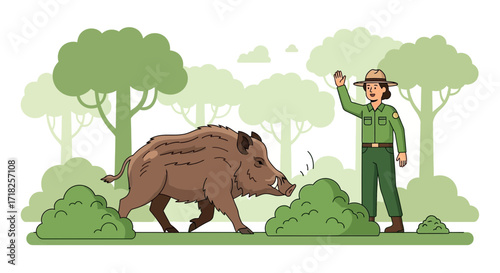 Wild Boar Encounter: A Forest Ranger's Interaction In The Wilderness Scene