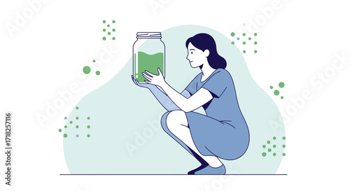 Woman Holding Jar with Green Liquid Illustrious, Isolated and Squatting, Clean Style